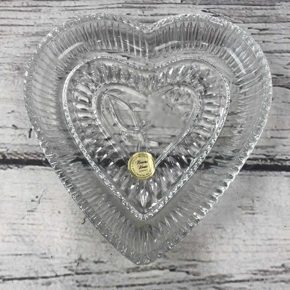 Princess House Crystal Vanity Tray Etched Heart Shaped Heritage Romance #861